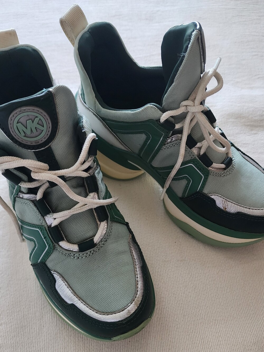 Michael Kors Olympia Extreme Mixed-Media Platform Sneakers Green Palm - Size 5.5